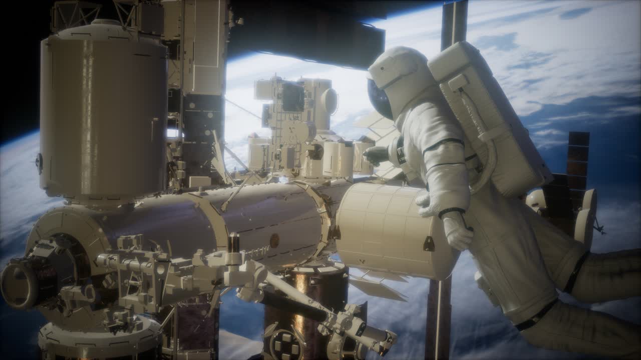 Estação Espacial Internacional e astronauta no espaço sideral sobre o planeta Terra