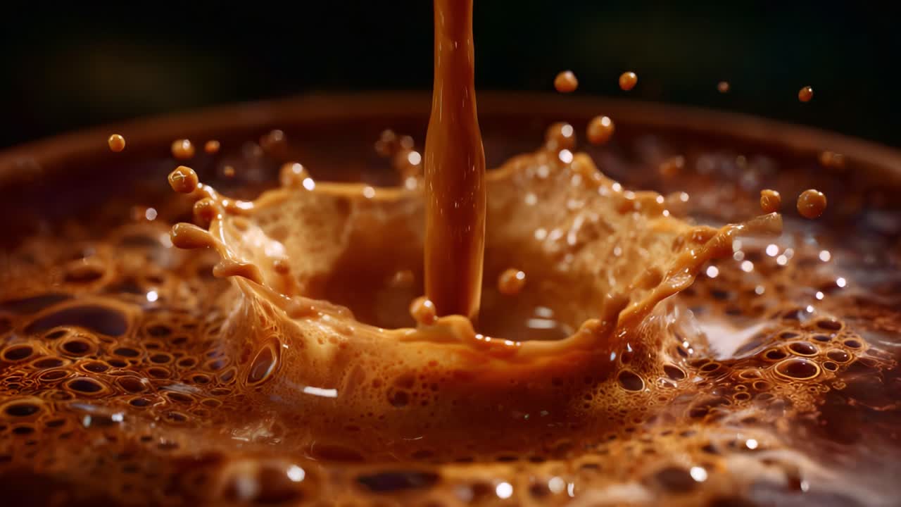 Una sequenza mozzafiato che cattura il momento dinamico del versamento e dello schizzo di liquido in una pozza scura, mettendo in mostra la ricca texture e il contrasto dei colori