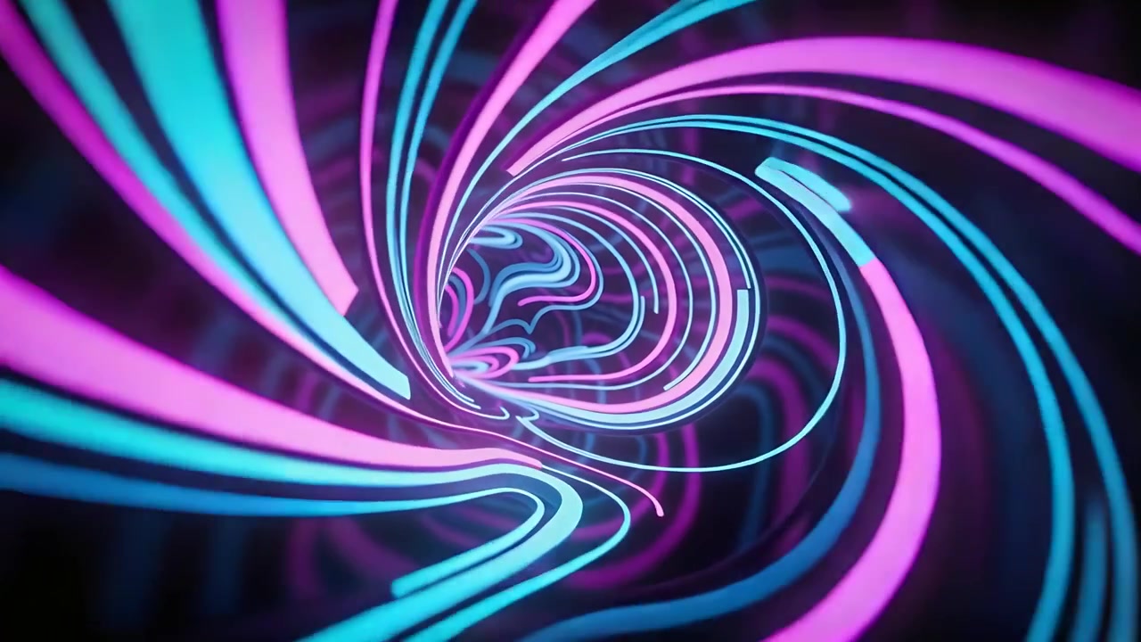 Telecamera in movimento che crea un tunnel di nastri al neon che si avvolge verso l'interno in un vuoto oscuro, mostrando nastri ciano e magenta.