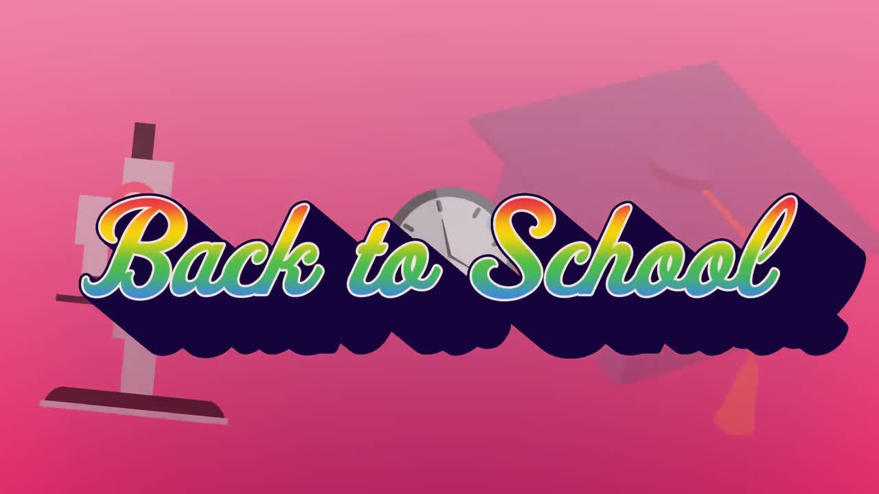 핑크색 배경에 있는 학교 아이템 아이콘 위에 있는 학교로 돌아가는 텍스트의 애니메이션