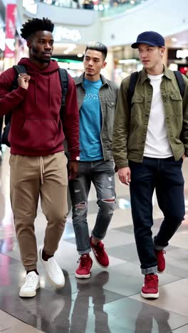 three young men walking down a mall hallway