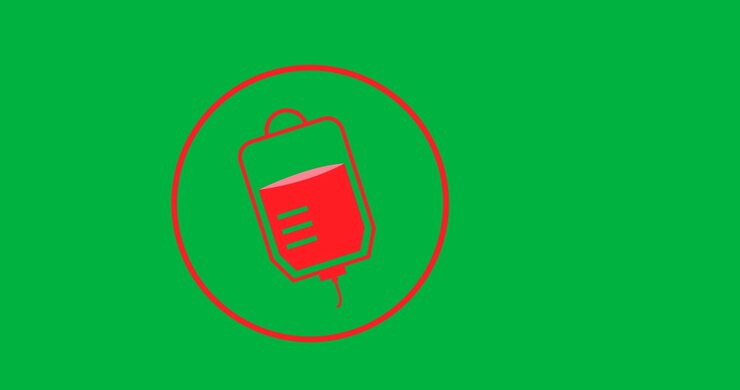 Digital animation of blood bank icon over a circular banner against black background