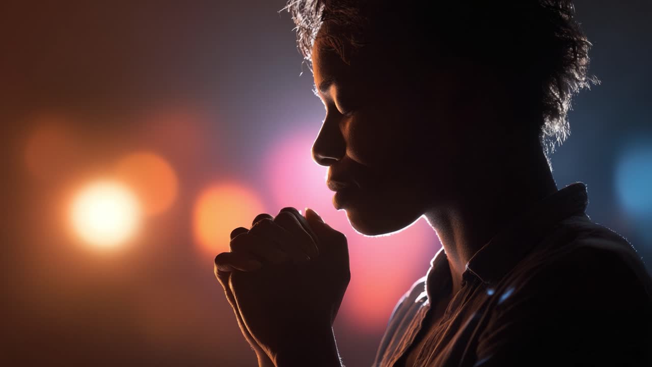 Un momento contemplativo: un profilo di una persona immersa nei suoi pensieri, con le mani giunte in preghiera, circondata da un bokeh luminoso e delicato con bagliori di luce
