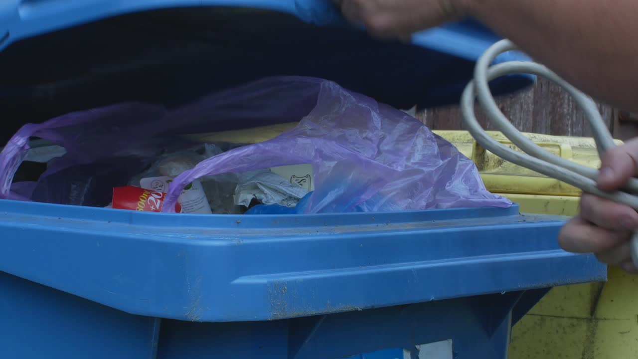 Monitor Cables With Old Type Connectors Dispose Of In A Blue Sorted Garbage Container