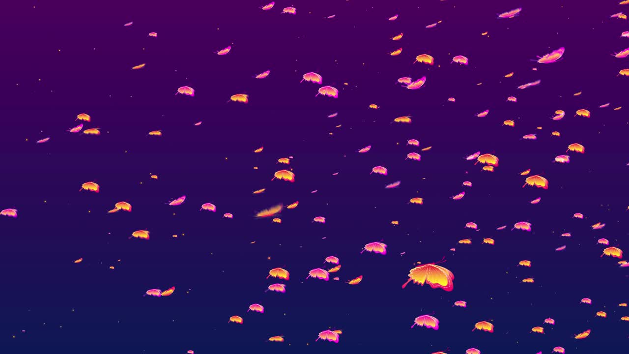 두 가지 종류의 날아다니는 스타일 빨간색 노란색 분홍색 반이는 나비 무리가 기울기에 반이는 먼지와 함께 공중에 어져 날아갑니다.