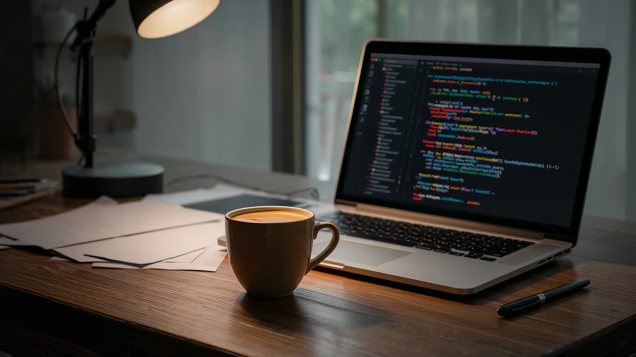 Bærbar computer, der viser skiftende kode, på et skrivebord derhjemme, med et kaffekrus og en lampe til kodning.