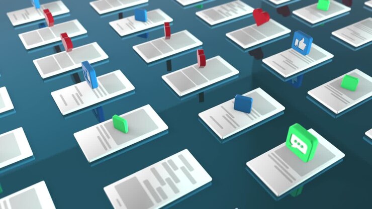 3d rendering of the background with the symbols like , thumbs up , received message , received email over mobile phones. The concept of a social network. Cyclic animation. Blue dark colors