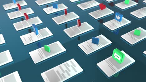 representación en 3d del fondo con los símbolos como, pulgar hacia arriba, mensaje recibido, correo electrónico recibido a través de teléfonos móviles. el concepto de una red social. animación cíclica. colores azules oscuros