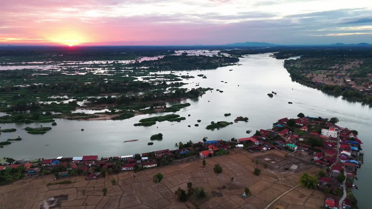 Aerial drone at sunset of Don det and 4000 island Mekong river South Laos travel destination on