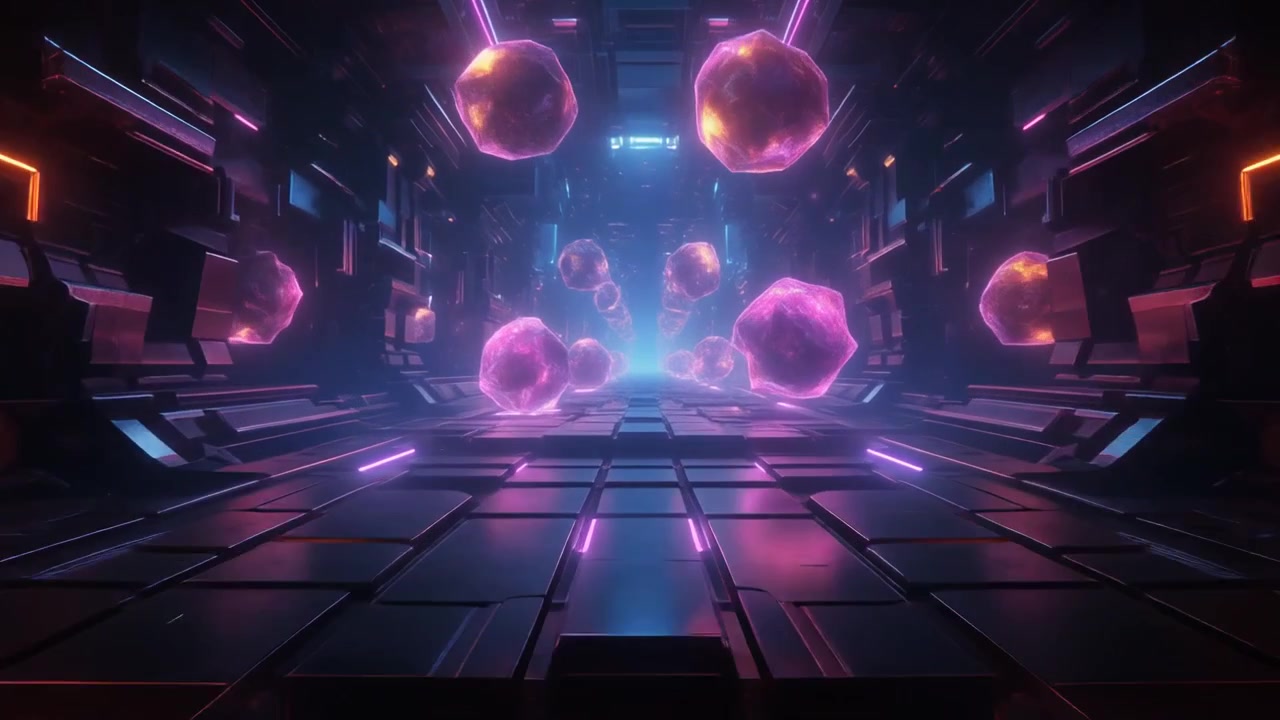 Futuristic Corridor With Floating Glowing Pink Energy Orbs