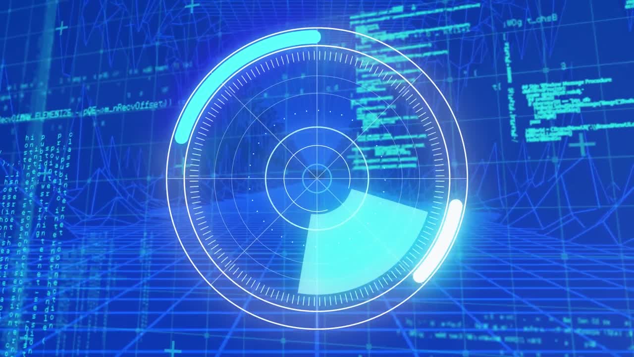 Animation of digital interface with circular scope scanning and information on blue background