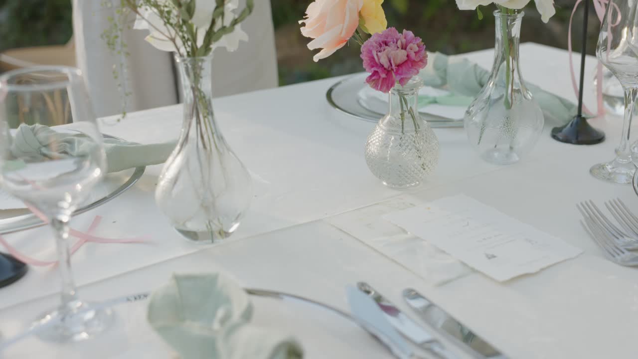 Cropped View Of A Woman Arranging Tables For A Wedding Celebration. Close-up Shot