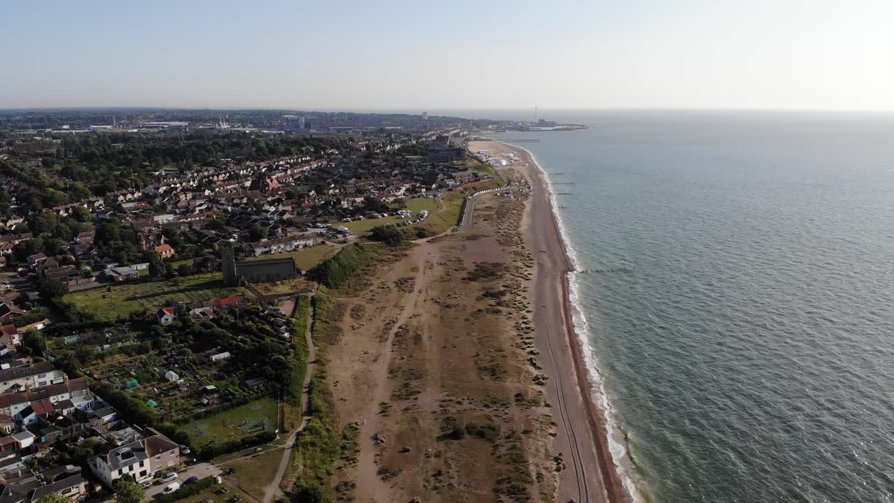Flying over drone shot showing Lowestoft beach in Suffolk, UK. 21.06.25