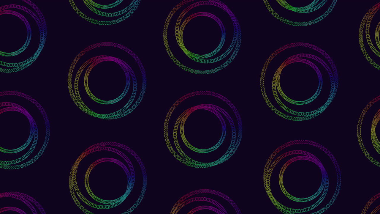 Vibrant circles in a spiral arrangement with varied colors like purple, blue, green, yellow, and red form a symmetrical pattern on a black background in this seamless and eye-catching design