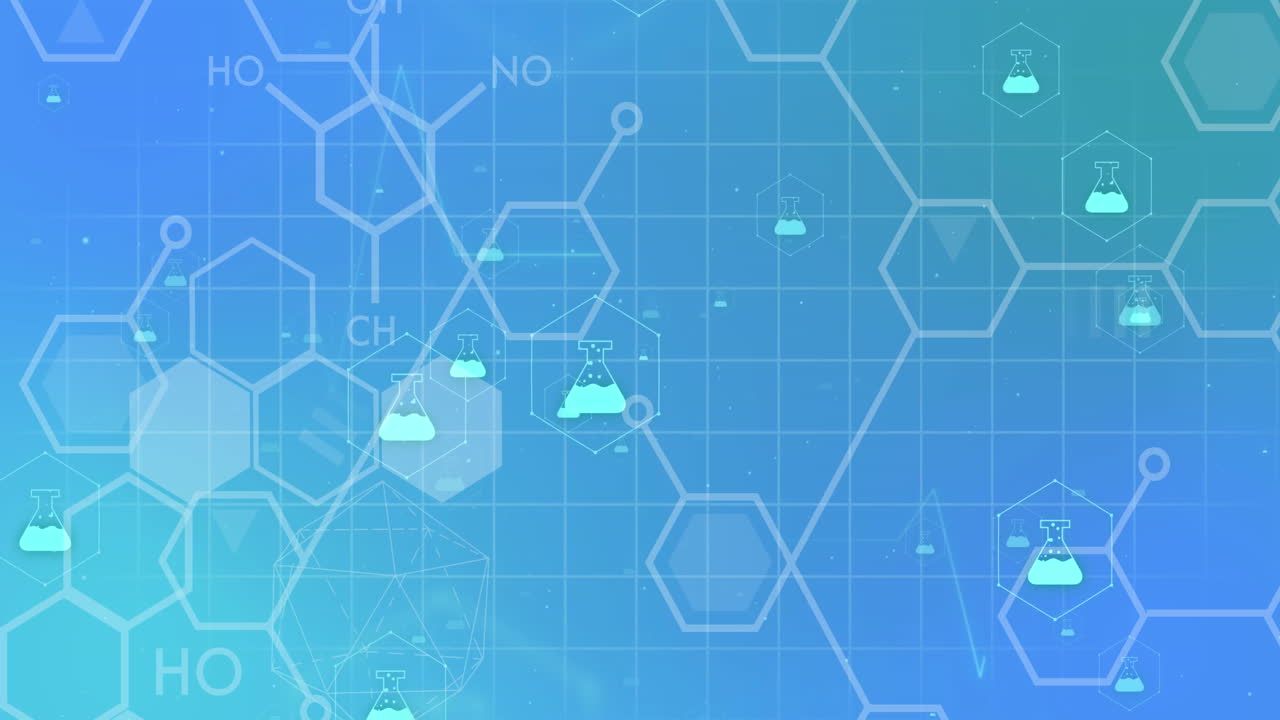 파란색 배경에 화학 아이콘과 구조의 애니메이션