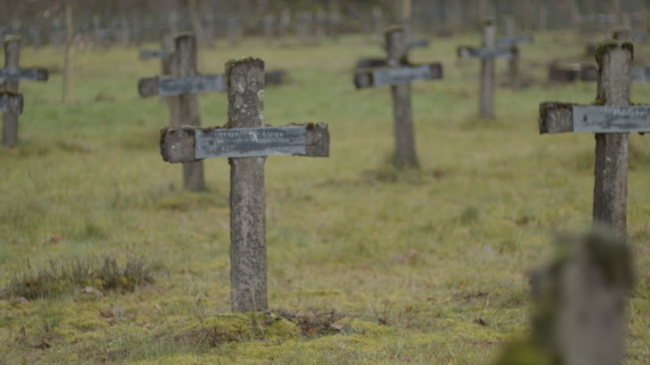 Tilting up from broken gravestones to rows of crucifixes at abandoned graveyard
