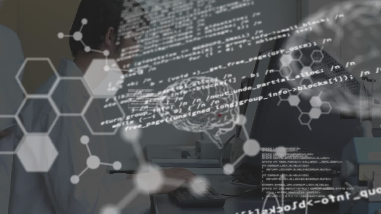 인간 뇌의 애니메이션과 의학 데이터 처리 과학자가 컴퓨터를 사용하여