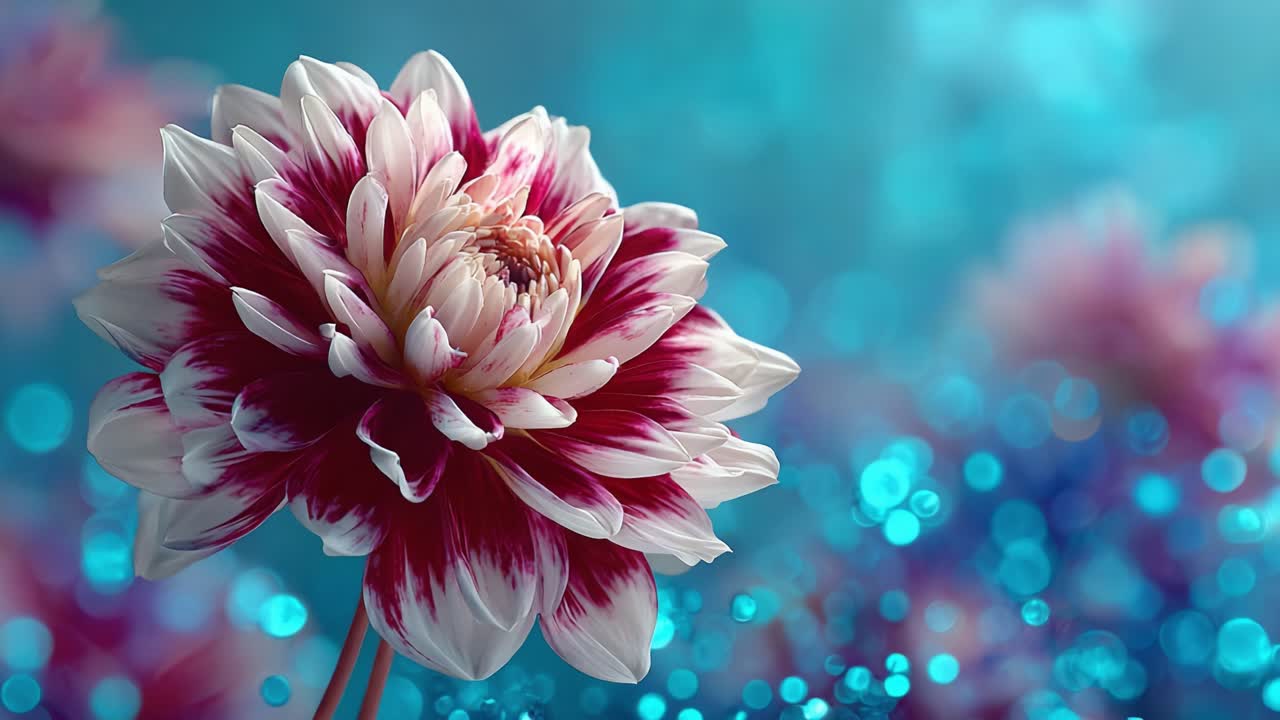 A Stunning Close-Up of a Vibrant Flower with Rich Red and White Petals Over a Sparkling Blue Background, Capturing Nature's Beauty and Grace