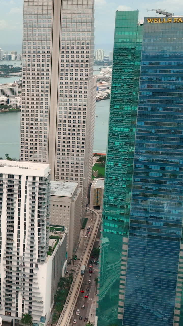 Miami, Florida, USA - January 05, 2024: Aerial drone shot Downtown Miami Wells Fargo bank building flyover