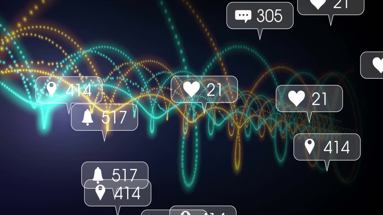 Tiny teal and gold dots drifting in void pulsing waveforms streaming social icons showing metrics