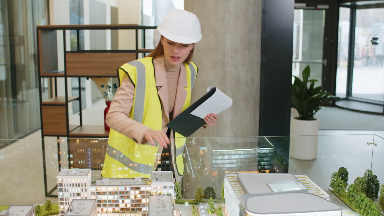 Confident young caucasian female architect in hardhat analyzing office complex model at workplace