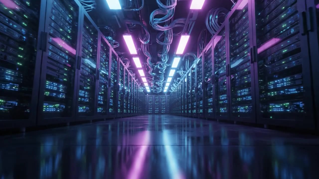 Exploring the High-Tech Environment of a Modern Data Center with Rows of Servers, Illuminated by Neon Lights and Complex Cabling Systems, Showcasing Advanced Data Management.