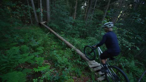 a mountain biker rides along a narrow fallen tree