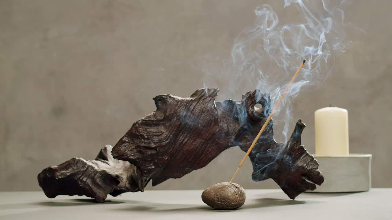 Person holding Palo Santo wood stick in hand, aromatic Palo Santo burning on black background, smoke spreading around, slow motion video clip, high quality 4k close up footage. High quality 4k footage