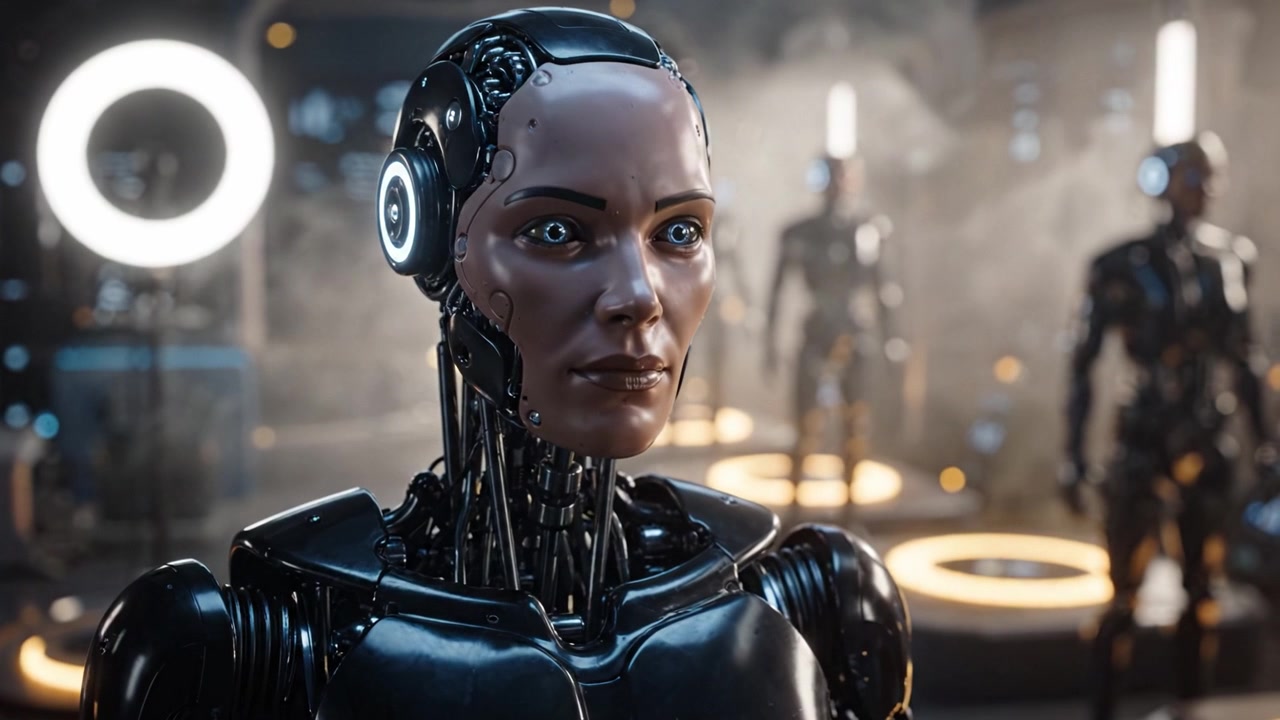 Primo piano di robot futuristico: Una splendida androide femminile realistica con caratteristiche realistiche, circondata da altri robot in un ambiente ad alta tecnologia.
