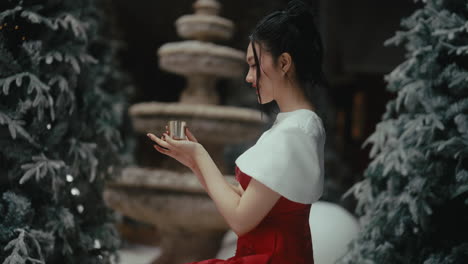 woman in red dress by christmas trees and fountain