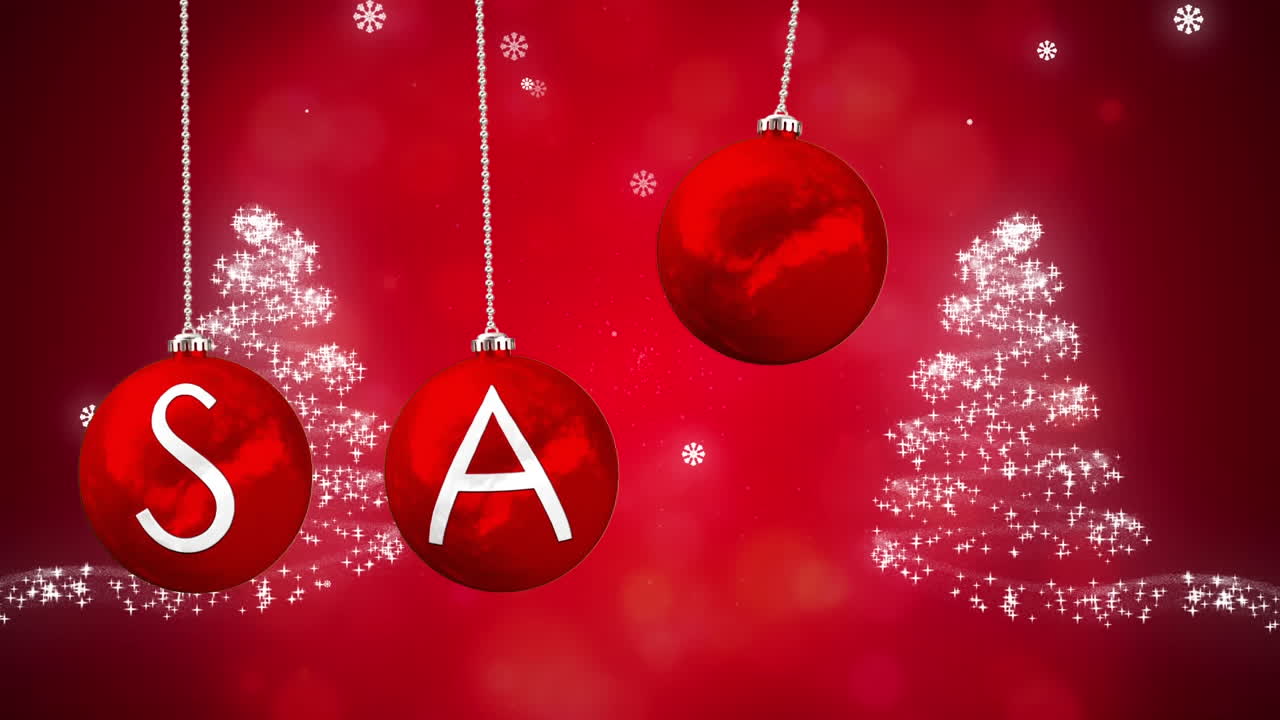 animación del texto de venta sobre cuatro bolas de navidad rojas