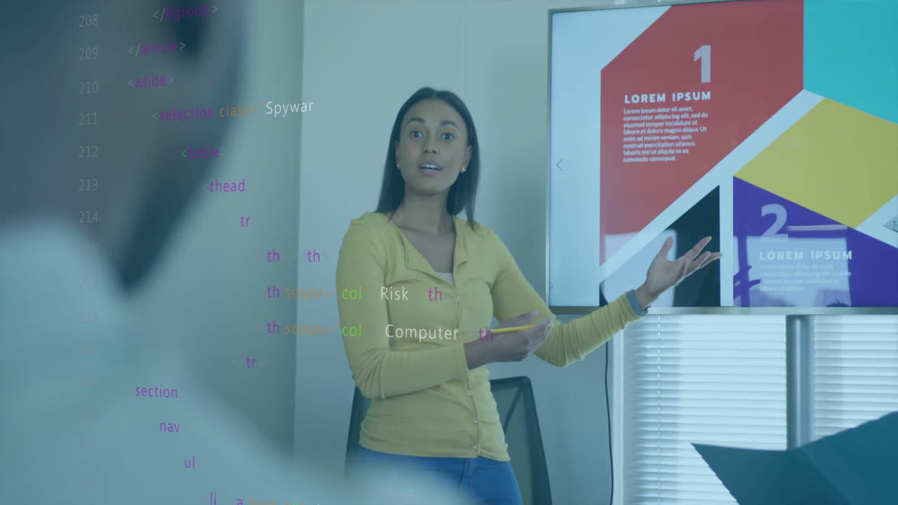 Presenting data with coding animation overlay, businesswoman in office setting