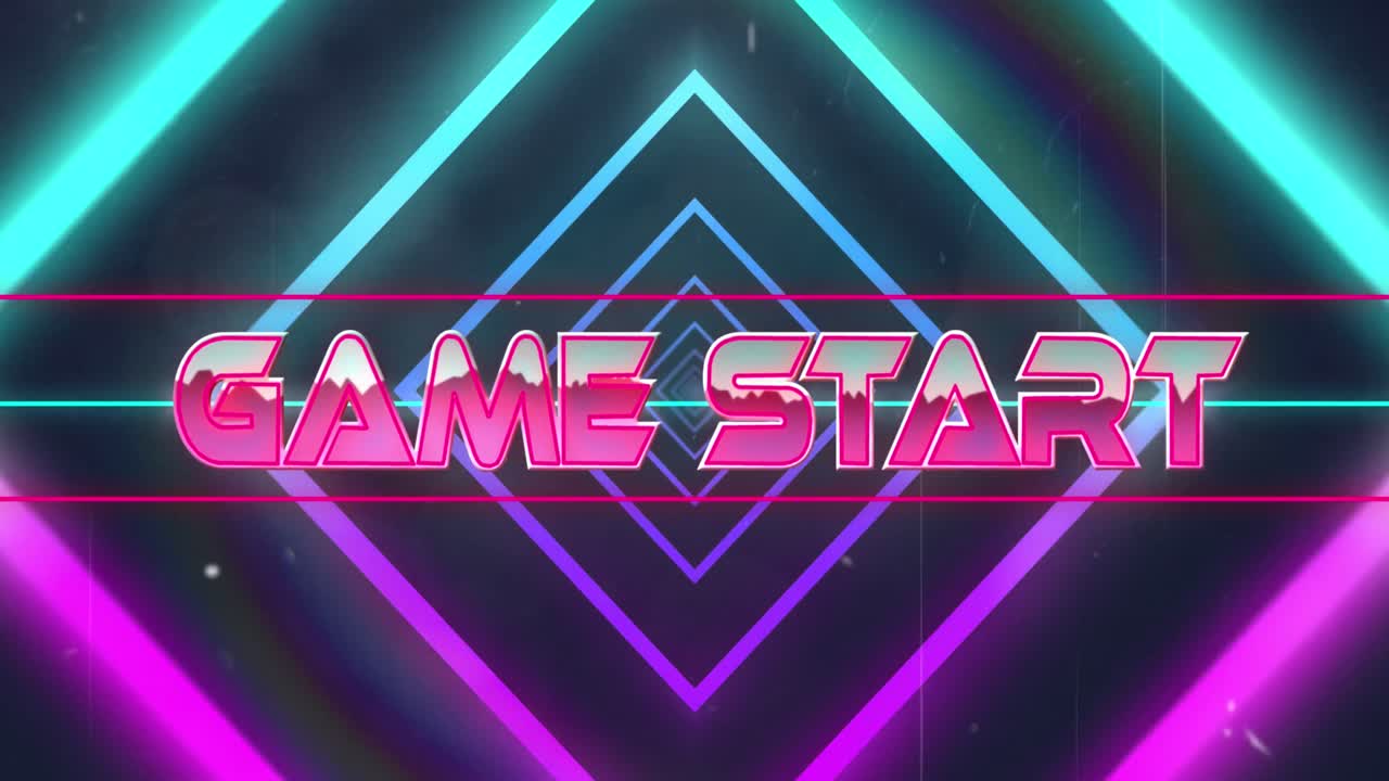 animación de la técnica de glitch sobre el texto de inicio del juego contra el túnel de rombos en el fondo.