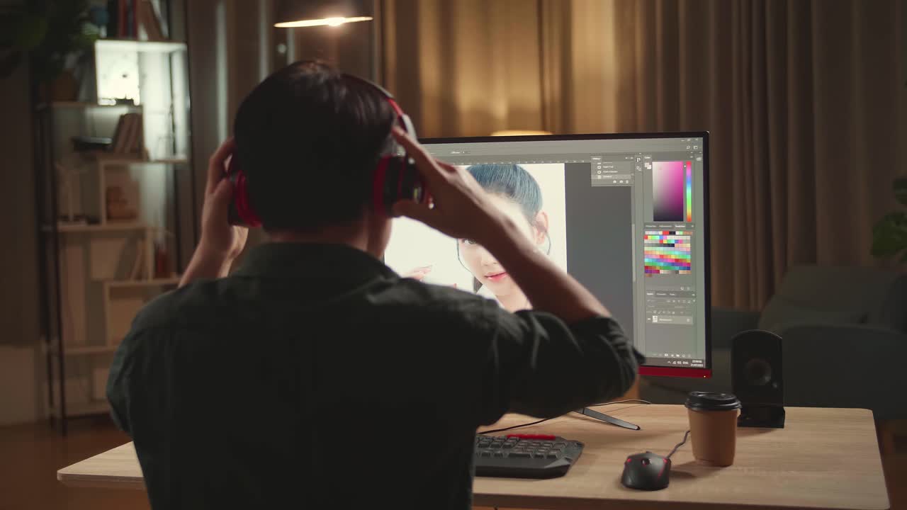 Asian Male Digital Editor Start Works In Photo Editing Software On His Personal Computer With Big Display, He Works At Night