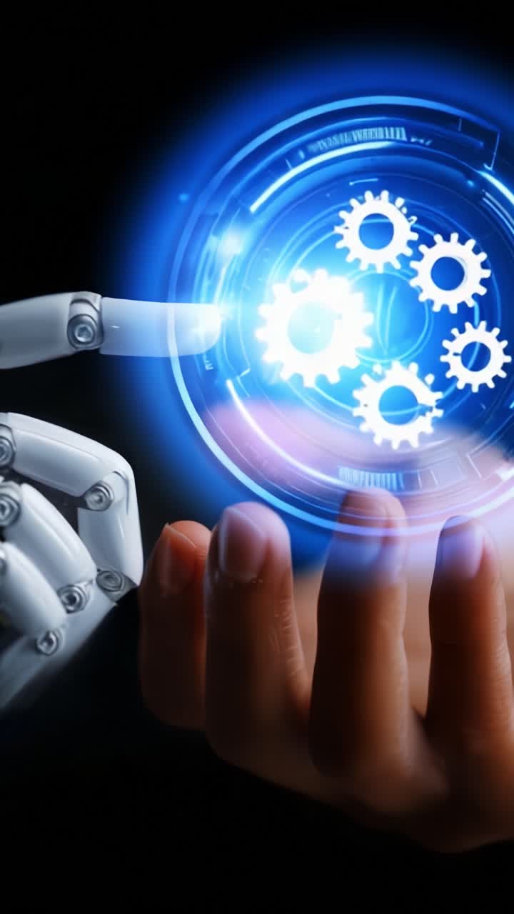 A robotic hand interacts with a glowing holographic display of gears, symbolizing the fusion of technology and human innovation in a futuristic setting