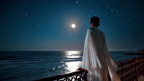 woman contemplating the moonlit ocean