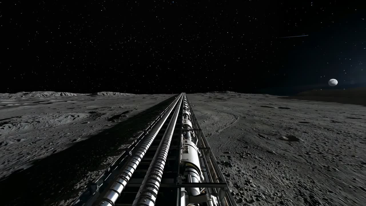 Starting camera advancing along metal guideway with rails and pods across lunar plain planet rising