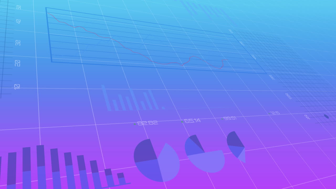 Animation of financial data processing over purple background