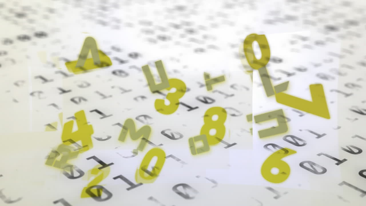 ⁇ 색 배경에 과학적 데이터 처리에 대한 떠다니는 글자와 숫자의 애니메이션