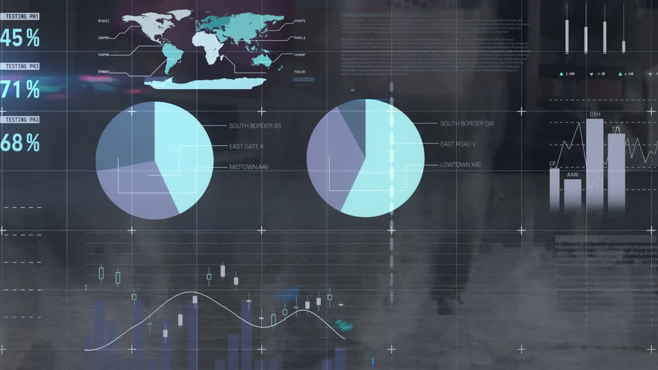 animación del procesamiento de datos financieros sobre personas que caminan por la calle de la ciudad