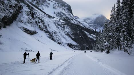 Turistas-Junto-Con-El-Perro-Mascota-Esquiando-Lentamente-Dentro-Del-Parque-Nacional-De-Banff-Yendo-A-Las-Montañas-Rocosas-De-Canadá
