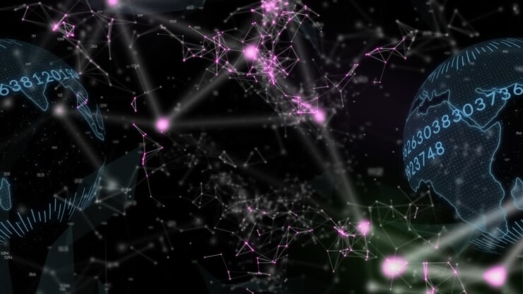 Animation of qr code data processing and network of connections over dark background