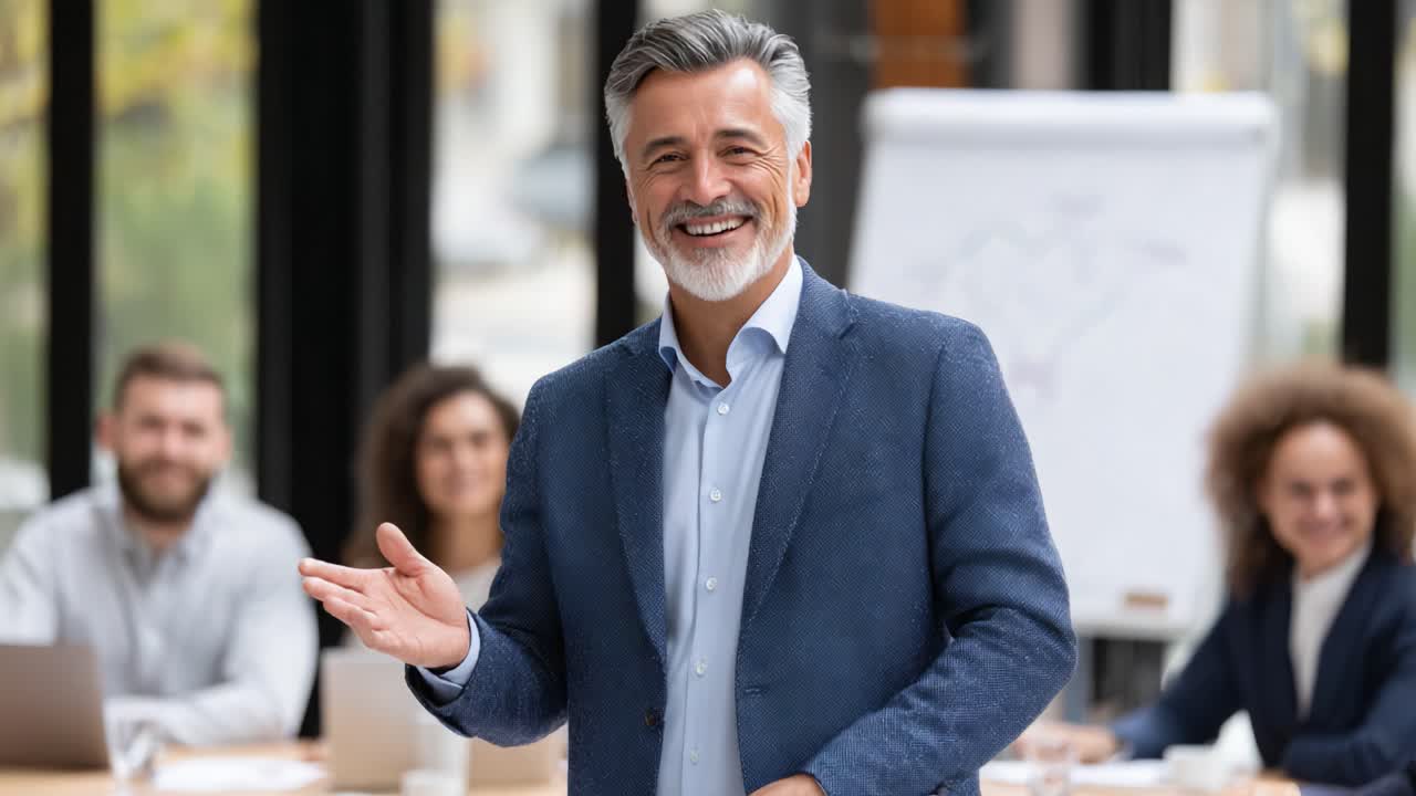 Confident business leader engaging with team during a meeting, showcasing effective communication and leadership skills in a modern conference room setting