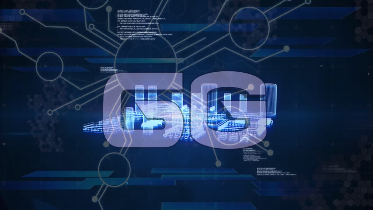 Animation of 6g text with data processing and network of connections over digital city plans