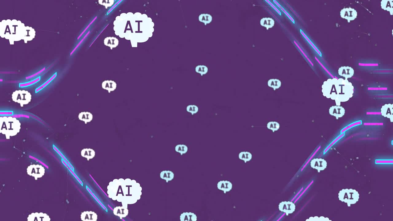 Animation of ai data processing, text with icons and network of connections on trails