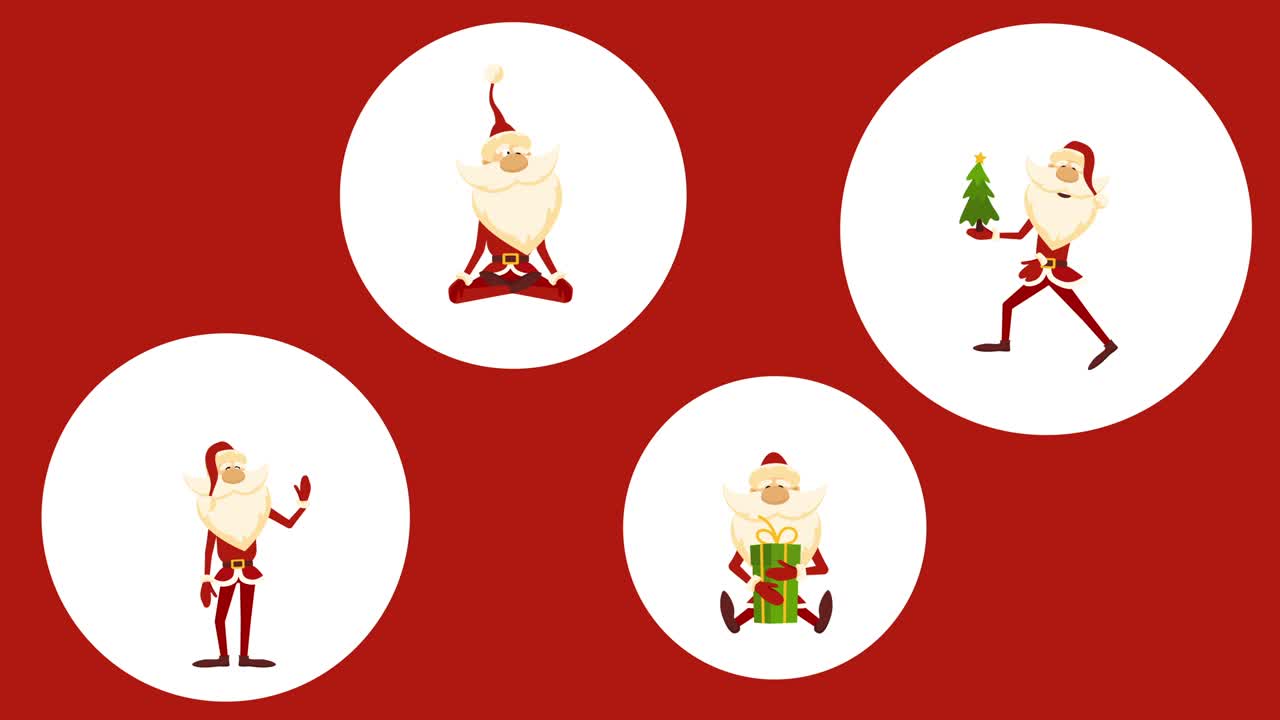 video en 4k de dibujos animados con iconos de santa claus en círculos blancos.