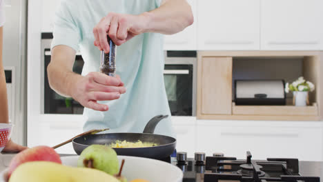 video of midsection of caucasian man seasoning dish