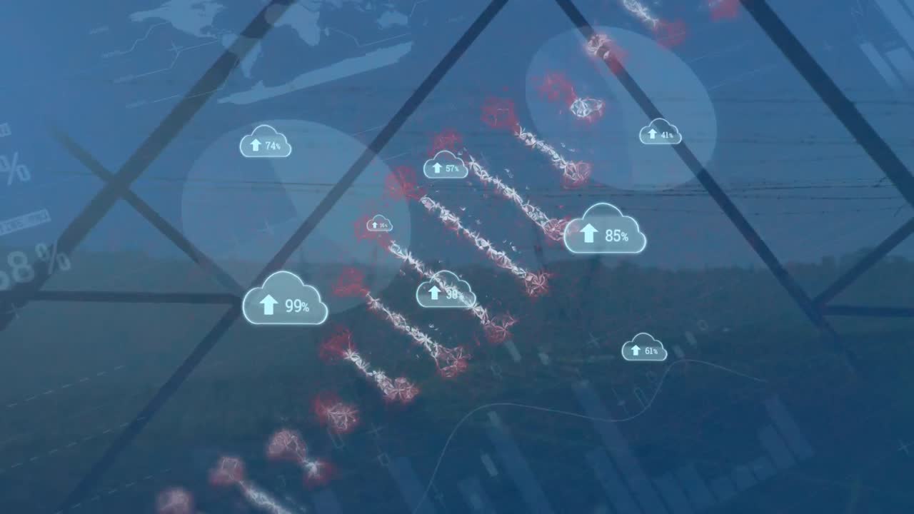 animación de nubes con números y cadenas de adn sobre gráficos y datos en fondo azul