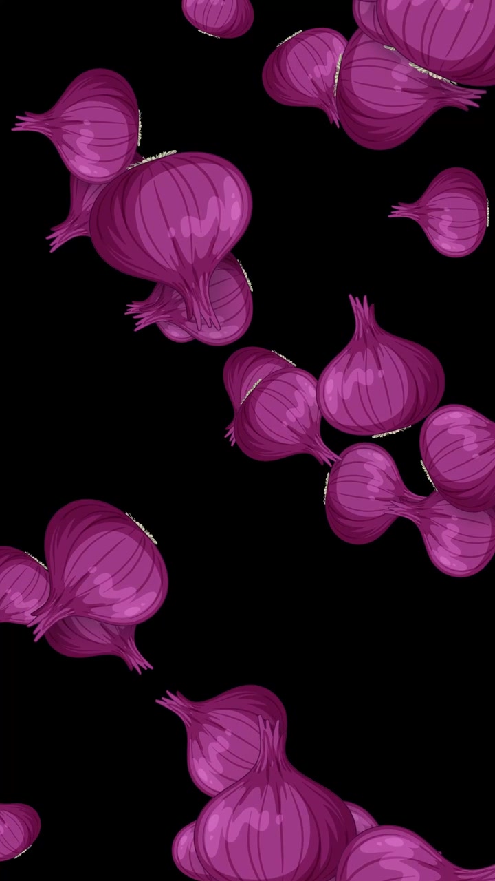 Cipolle viola stilizzate cadono verticalmente in un ciclo continuo su uno sfondo scuro