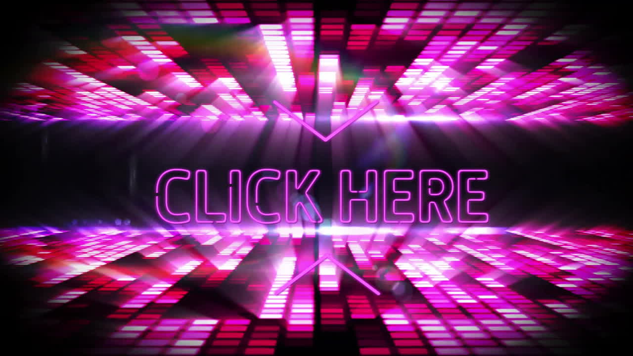 Glowing neon Click Here text with vibrant pink and purple digital animation